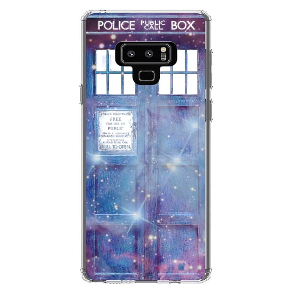 DistinctInk Clear Shockproof Hybrid Case for Samsung Galaxy Note 9 - TPU Bumper, Acrylic Back, Tempered Glass Screen Protector - Fading TARDIS Outer Space Stars