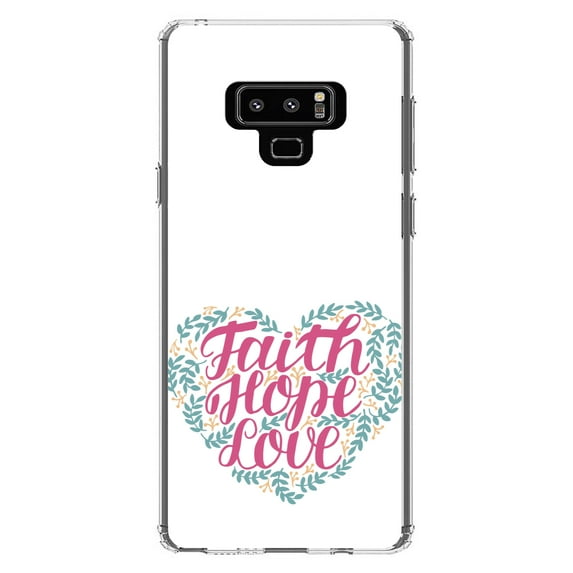 DistinctInk Clear Shockproof Hybrid Case for Samsung Galaxy Note 9 - TPU Bumper, Acrylic Back, Tempered Glass Screen Protector - Faith / Hope / Love - Floral