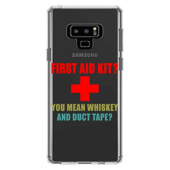 DistinctInk Clear Shockproof Hybrid Case for Samsung Galaxy Note 9 - TPU Bumper Acrylic Back Tempered Glass Screen Protector - First Aid Kit - Whiskey & Duct Tape