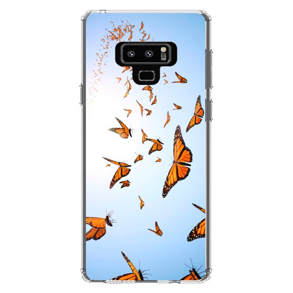 DistinctInk Clear Shockproof Hybrid Case for Samsung Galaxy Note 9 - TPU Bumper, Acrylic Back, Tempered Glass Screen Protector - Flying Monarch Butterflies