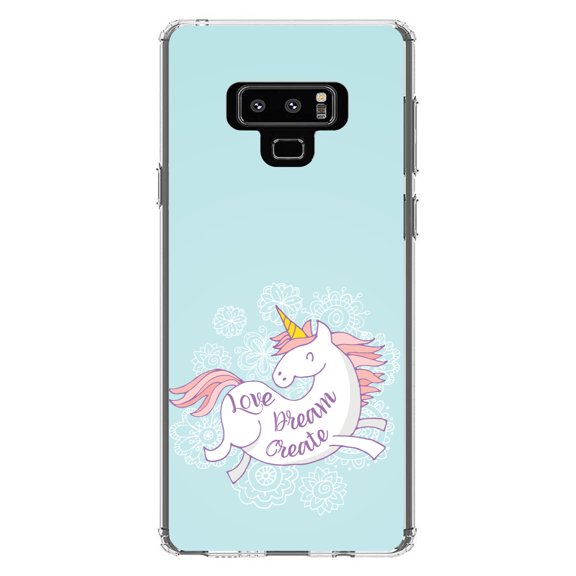 DistinctInk Clear Shockproof Hybrid Case for Samsung Galaxy Note 9 - TPU Bumper, Acrylic Back, Tempered Glass Screen Protector - Flying Unicorn - Love / Dream / Create