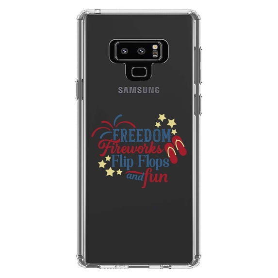 DistinctInk Clear Shockproof Hybrid Case for Samsung Galaxy Note 9 - TPU Bumper Acrylic Back Tempered Glass Screen Protector - Freedom Fireworks Flip Flops & Fun