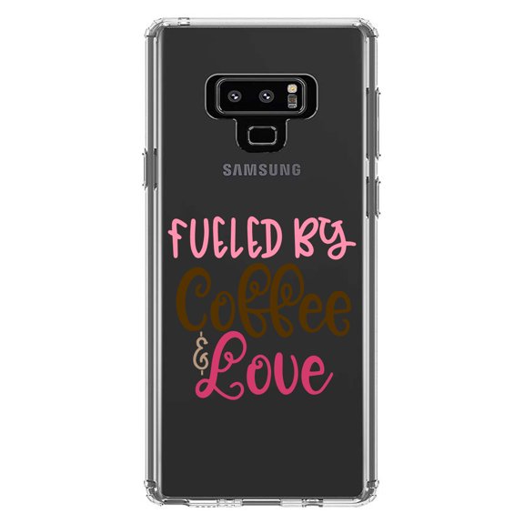 DistinctInk Clear Shockproof Hybrid Case for Samsung Galaxy Note 9 - TPU Bumper Acrylic Back Tempered Glass Screen Protector - Fueled By Coffee & Love