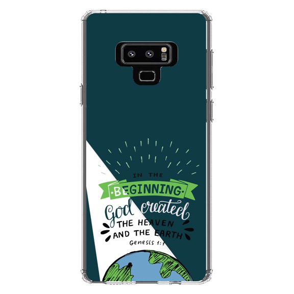 DistinctInk Clear Shockproof Hybrid Case for Samsung Galaxy Note 9 - TPU Bumper, Acrylic Back, Tempered Glass Screen Protector - Genesis 1:1 - God Created the Heaven & the Earth