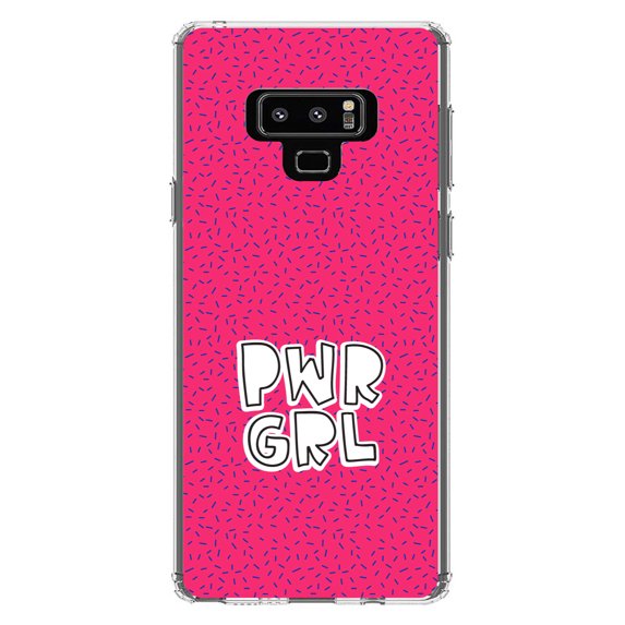 DistinctInk Clear Shockproof Hybrid Case for Samsung Galaxy Note 9 - TPU Bumper, Acrylic Back, Tempered Glass Screen Protector - Girl Power - PWR GRL - Pink Background