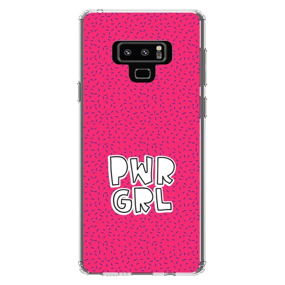 DistinctInk Clear Shockproof Hybrid Case for Samsung Galaxy Note 9 - TPU Bumper, Acrylic Back, Tempered Glass Screen Protector - Girl Power - PWR GRL - Pink Background