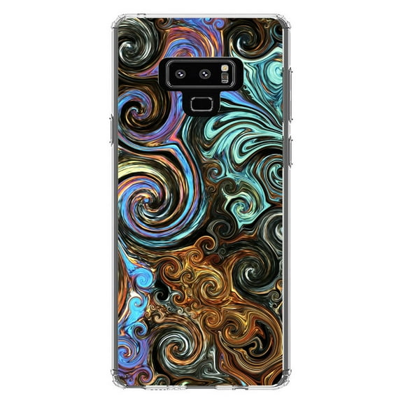 DistinctInk Clear Shockproof Hybrid Case for Samsung Galaxy Note 9 - TPU Bumper, Acrylic Back, Tempered Glass Screen Protector - Gold Brown Black Blue Abstract Swirls - Abstract Swirls
