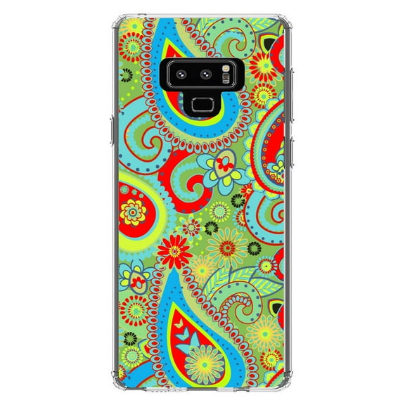 DistinctInk Clear Shockproof Hybrid Case for Samsung Galaxy Note 9 - TPU Bumper, Acrylic Back, Tempered Glass Screen Protector - Green Red Blue Paisley