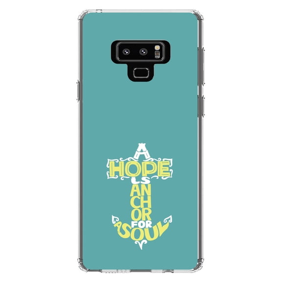 DistinctInk Clear Shockproof Hybrid Case for Samsung Galaxy Note 9 - TPU Bumper, Acrylic Back, Tempered Glass Screen Protector - Hope is an Anchor for a Sould - Yellow Teal