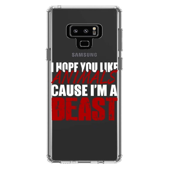 DistinctInk Clear Shockproof Hybrid Case for Samsung Galaxy Note 9 - TPU Bumper Acrylic Back Tempered Glass Screen Protector - I Hope You Like Animals Cause I'm A Beast