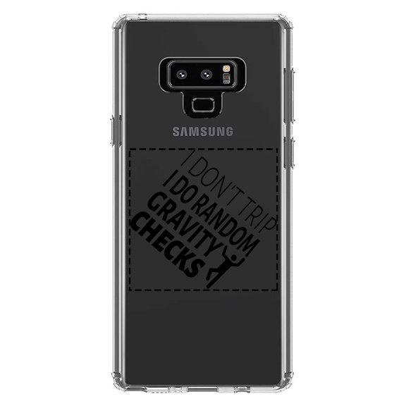 DistinctInk Clear Shockproof Hybrid Case for Samsung Galaxy Note 9 - TPU Bumper Acrylic Back Tempered Glass Screen Protector - I Don't Trip I Do Random Gravity Checks