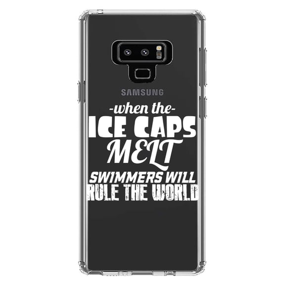 DistinctInk Clear Shockproof Hybrid Case for Samsung Galaxy Note 9 - TPU Bumper Acrylic Back Tempered Glass Screen Protector - When Ice Caps Melt Swimmer Rule the World