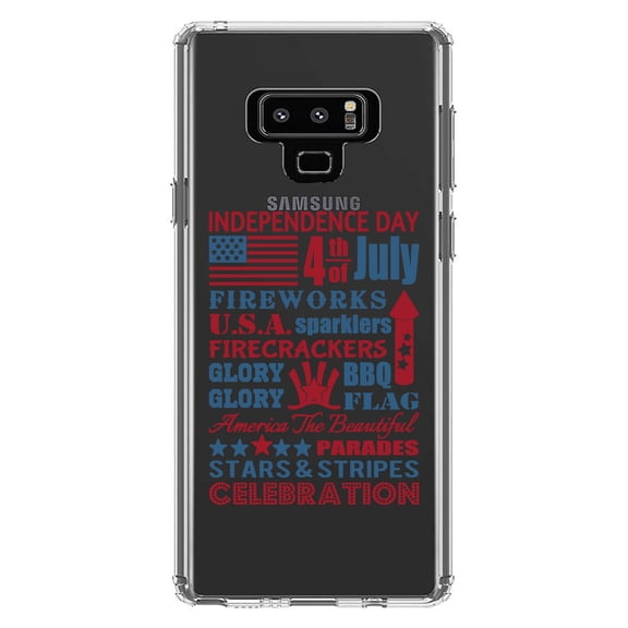 DistinctInk Clear Shockproof Hybrid Case for Samsung Galaxy Note 9 - TPU Bumper Acrylic Back Tempered Glass Screen Protector - Independence Day Word Art