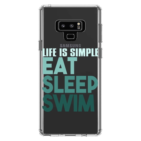 DistinctInk Clear Shockproof Hybrid Case for Samsung Galaxy Note 9 - TPU Bumper Acrylic Back Tempered Glass Screen Protector - Life Is Simple Eat Sleep Swim