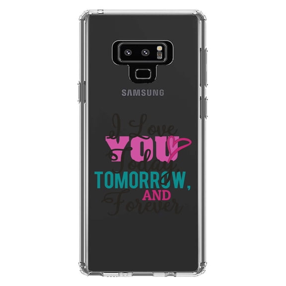 DistinctInk Clear Shockproof Hybrid Case for Samsung Galaxy Note 9 - TPU Bumper Acrylic Back Tempered Glass Screen Protector - Love You Today Tomorrow & Forever