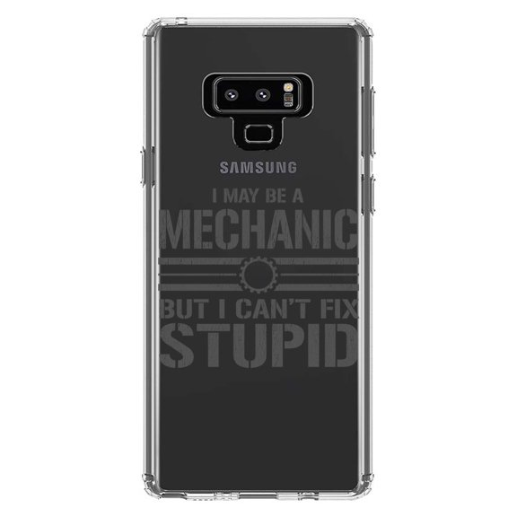 DistinctInk Clear Shockproof Hybrid Case for Samsung Galaxy Note 9 - TPU Bumper Acrylic Back Tempered Glass Screen Protector - May Be a Mechanic But I Can't Fix Stupid