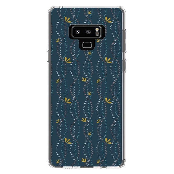 DistinctInk Clear Shockproof Hybrid Case for Samsung Galaxy Note 9 - TPU Bumper, Acrylic Back, Tempered Glass Screen Protector - Modern Floral - Wavy, Navy, Pink, Teal