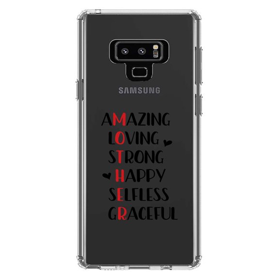 DistinctInk Clear Shockproof Hybrid Case for Samsung Galaxy Note 9 - TPU Bumper Acrylic Back Tempered Glass Screen Protector - Mother Word Art - Amazing, Loving, Strong