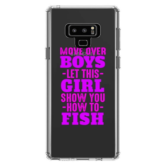 DistinctInk Clear Shockproof Hybrid Case for Samsung Galaxy Note 9 - TPU Bumper Acrylic Back Tempered Glass Screen Protector - Move Over Boys, Girls Show You How to Fish