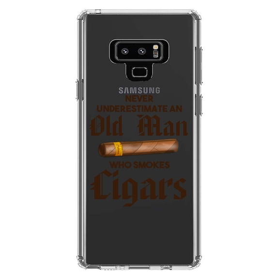 DistinctInk Clear Shockproof Hybrid Case for Samsung Galaxy Note 9 - TPU Bumper Acrylic Back Tempered Glass Screen Protector - Never Underestimate Old Man Who Smokes Cigars