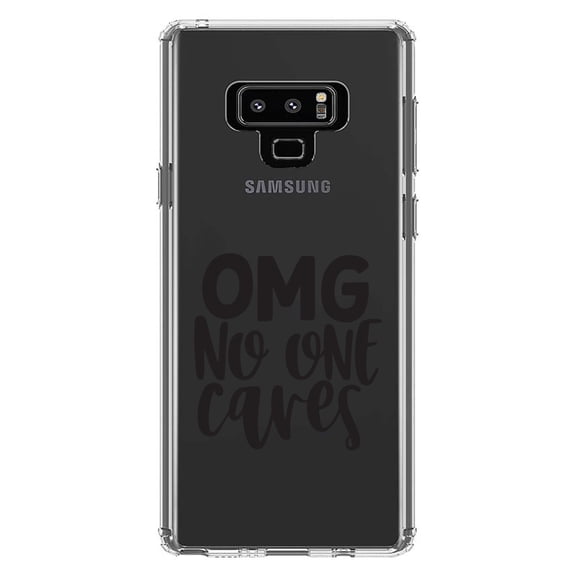 DistinctInk Clear Shockproof Hybrid Case for Samsung Galaxy Note 9 - TPU Bumper Acrylic Back Tempered Glass Screen Protector - OMG No One Cares - Black