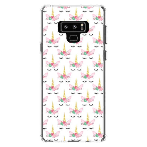 DistinctInk Clear Shockproof Hybrid Case for Samsung Galaxy Note 9 - TPU Bumper, Acrylic Back, Tempered Glass Screen Protector - Pastel Unicorn Pattern - White Pink Black