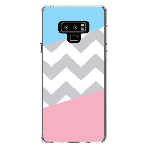 DistinctInk Clear Shockproof Hybrid Case for Samsung Galaxy Note 9 - TPU Bumper, Acrylic Back, Tempered Glass Screen Protector - Pink Blue Block Grey Chevron - Stripes Pattern