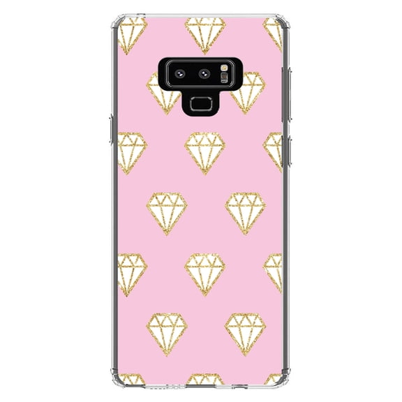 DistinctInk Clear Shockproof Hybrid Case for Samsung Galaxy Note 9 - TPU Bumper, Acrylic Back, Tempered Glass Screen Protector - Pink & Gold Print - Diamond Pattern