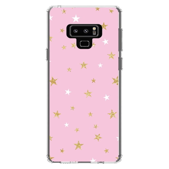 DistinctInk Clear Shockproof Hybrid Case for Samsung Galaxy Note 9 - TPU Bumper, Acrylic Back, Tempered Glass Screen Protector - Pink & Gold Print - Stars Pattern