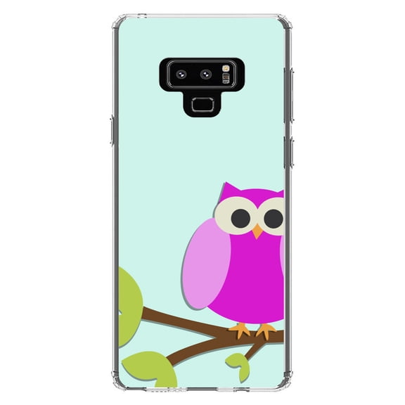 DistinctInk Clear Shockproof Hybrid Case for Samsung Galaxy Note 9 - TPU Bumper, Acrylic Back, Tempered Glass Screen Protector - Pink Owl Cartoon - Cartoon Owls