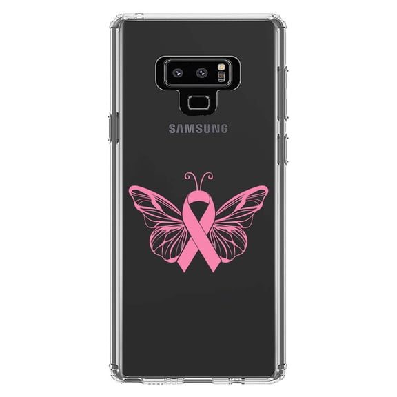 DistinctInk Clear Shockproof Hybrid Case for Samsung Galaxy Note 9 - TPU Bumper Acrylic Back Tempered Glass Screen Protector - Pink Ribbon Cancer - Butterfly