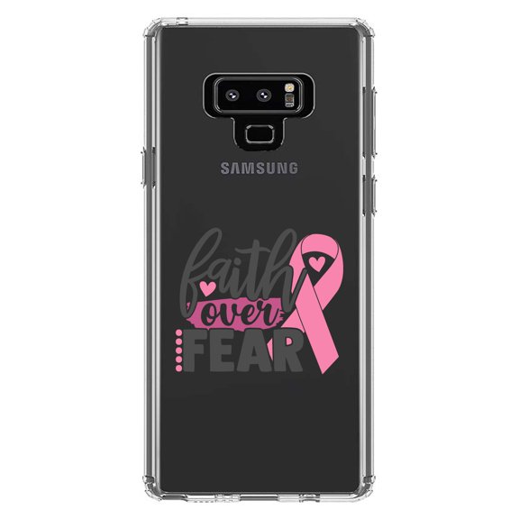 DistinctInk Clear Shockproof Hybrid Case for Samsung Galaxy Note 9 - TPU Bumper Acrylic Back Tempered Glass Screen Protector - Pink Ribbon Cancer - Faith Over Fear