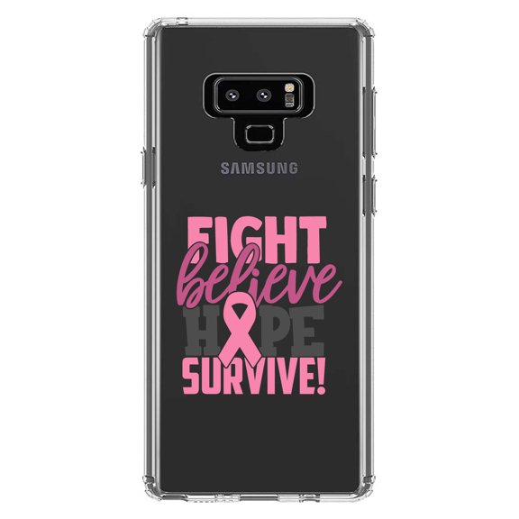 DistinctInk Clear Shockproof Hybrid Case for Samsung Galaxy Note 9 - TPU Bumper Acrylic Back Tempered Glass Screen Protector - Pink Ribbon Cancer - Fight Believe Hope Survive