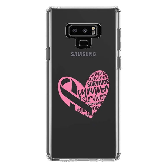 DistinctInk Clear Shockproof Hybrid Case for Samsung Galaxy Note 9 - TPU Bumper Acrylic Back Tempered Glass Screen Protector - Pink Ribbon Cancer - Survivor Heart