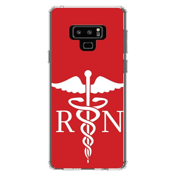 DistinctInk Clear Shockproof Hybrid Case for Samsung Galaxy Note 9 - TPU Bumper, Acrylic Back, Tempered Glass Screen Protector - RN Registered Nurse Symbol - Support for Nurses