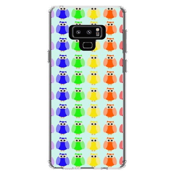DistinctInk Clear Shockproof Hybrid Case for Samsung Galaxy Note 9 - TPU Bumper, Acrylic Back, Tempered Glass Screen Protector - Rainbow Owls Cartoon - Cartoon Owls