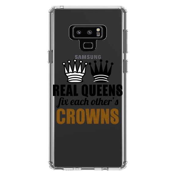 DistinctInk Clear Shockproof Hybrid Case for Samsung Galaxy Note 9 - TPU Bumper Acrylic Back Tempered Glass Screen Protector - Real Queens Fix Each Other's Crowns