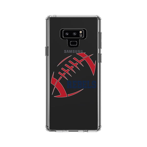 DistinctInk Clear Shockproof Hybrid Case for Samsung Galaxy Note 9 - TPU Bumper, Acrylic Back, Tempered Glass Screen Protector - Rebels Football - Red, Navy