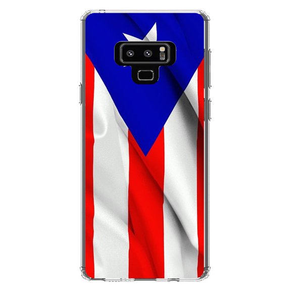 DistinctInk Clear Shockproof Hybrid Case for Samsung Galaxy Note 9 - TPU Bumper, Acrylic Back, Tempered Glass Screen Protector - Red White Blue Puerto Rico Flag