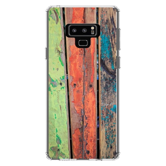 DistinctInk Clear Shockproof Hybrid Case for Samsung Galaxy Note 9 - TPU Bumper, Acrylic Back, Tempered Glass Screen Protector - Rough Painted Wood Print - Printed Wood Grain Image