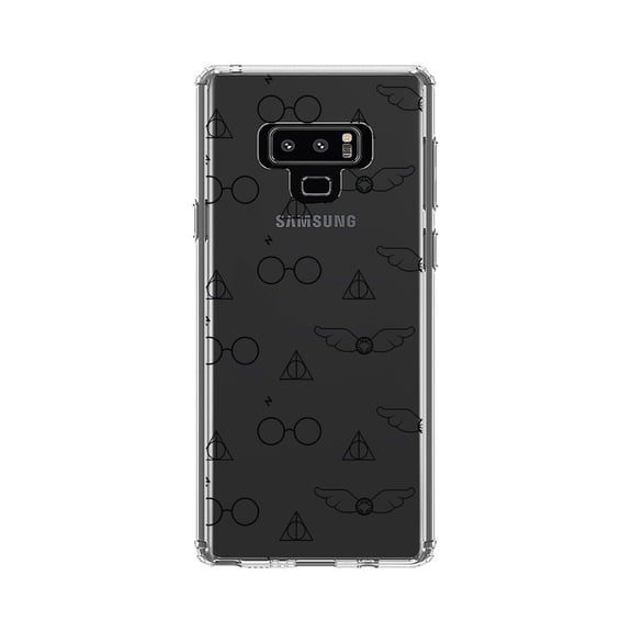 DistinctInk Clear Shockproof Hybrid Case for Samsung Galaxy Note 9 - TPU Bumper, Acrylic Back, Tempered Glass Screen Protector - Round Glasses with Symbol and Snitch
