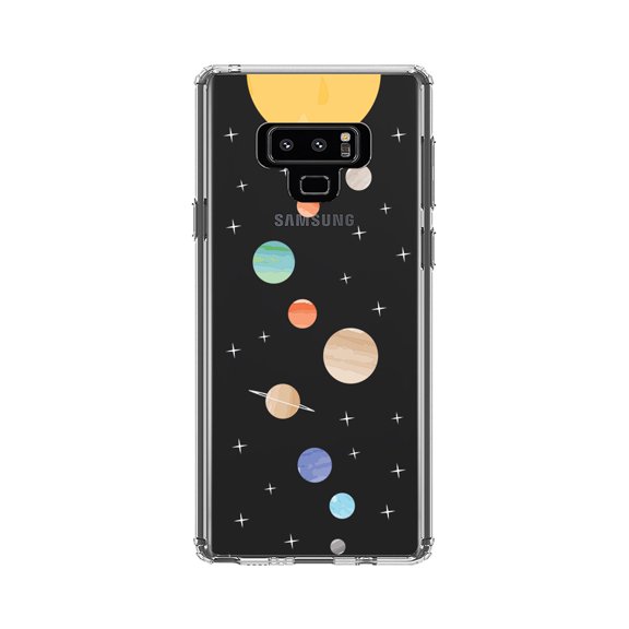 DistinctInk Clear Shockproof Hybrid Case for Samsung Galaxy Note 9 - TPU Bumper, Acrylic Back, Tempered Glass Screen Protector - Solar System - Planets with Sun
