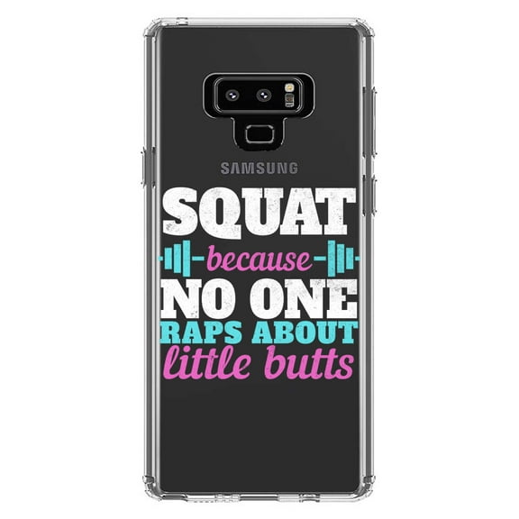DistinctInk Clear Shockproof Hybrid Case for Samsung Galaxy Note 9 - TPU Bumper Acrylic Back Tempered Glass Screen Protector - Squat Because No One Raps About Little Butts