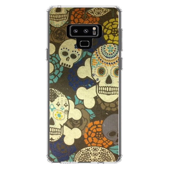 DistinctInk Clear Hybrid Case for Samsung Galaxy Note 9 (6.4" Screen) - Sugar Skulls Green Orange - Shockproof Protection