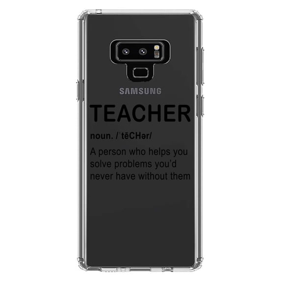 DistinctInk Clear Shockproof Hybrid Case for Samsung Galaxy Note 9 - TPU Bumper Acrylic Back Tempered Glass Screen Protector - Teacher Definition Solves Problems