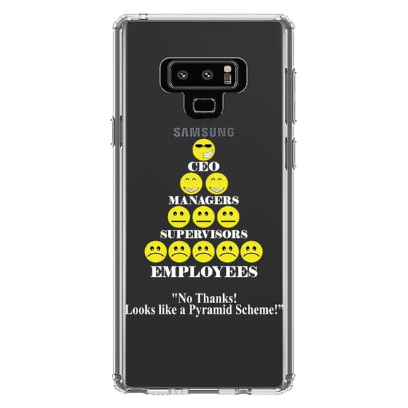 DistinctInk Clear Shockproof Hybrid Case for Samsung Galaxy Note 9 - TPU Bumper Acrylic Back Tempered Glass Screen Protector - No Thanks Looks Like a Pyramid Scheme