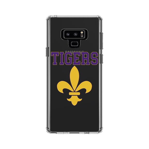 DistinctInk Clear Shockproof Hybrid Case for Samsung Galaxy Note 9 - TPU Bumper, Acrylic Back, Tempered Glass Screen Protector - Tigers Football / Fleur de Lis - Purple, Gold