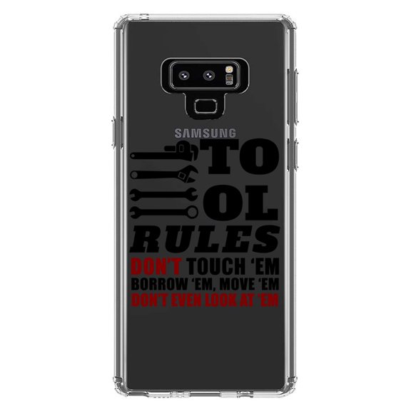DistinctInk Clear Shockproof Hybrid Case for Samsung Galaxy Note 9 - TPU Bumper Acrylic Back Tempered Glass Screen Protector - Tool Rules Don't Touch Borrow Move Look