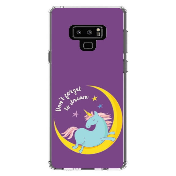 DistinctInk Clear Shockproof Hybrid Case for Samsung Galaxy Note 9 - TPU Bumper, Acrylic Back, Tempered Glass Screen Protector - Unicorn Moon - Don't Forget to Dream
