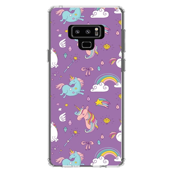 DistinctInk Clear Shockproof Hybrid Case for Samsung Galaxy Note 9 - TPU Bumper, Acrylic Back, Tempered Glass Screen Protector - Unicorn Rainbow Wand Pattern - Purple